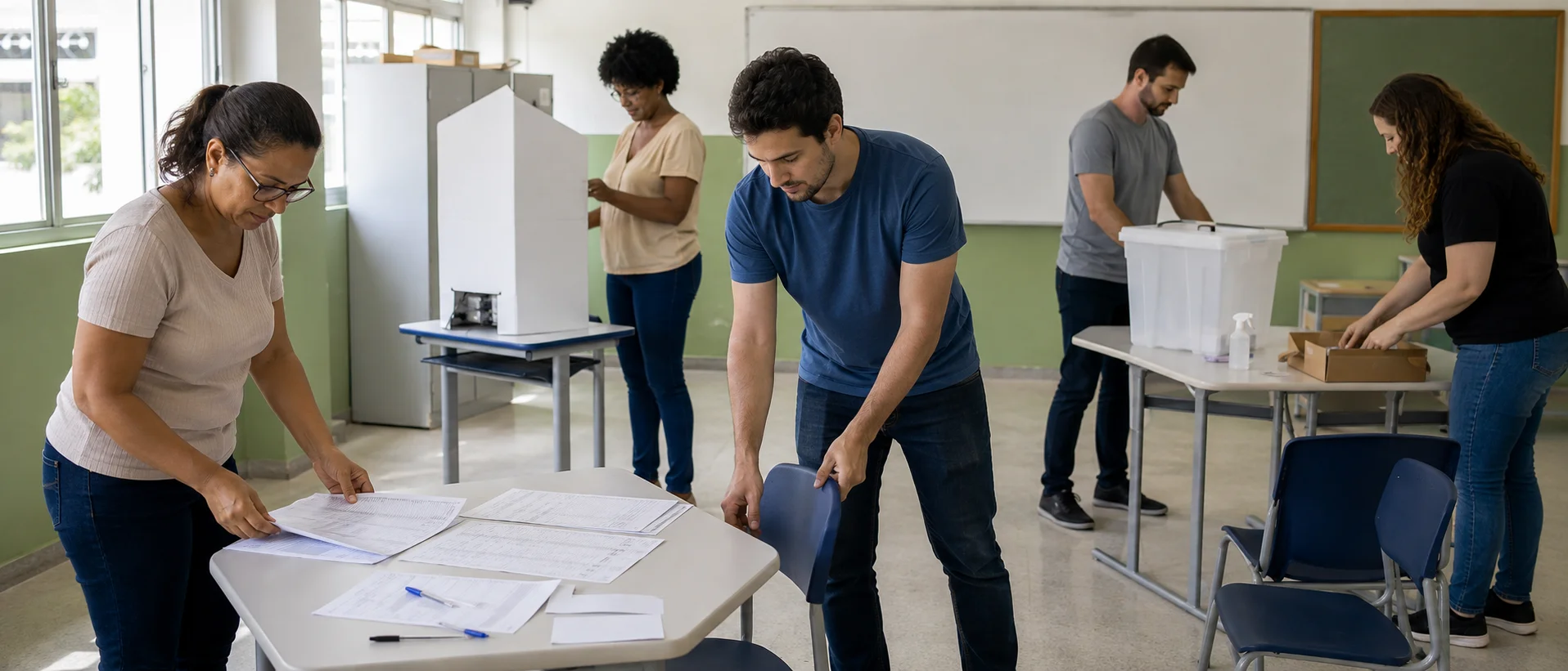 Preparação da seção eleitoral para as Eleições 2026 Equipe prepara seção eleitoral para o trabalho dos mesários das Eleições 2026.