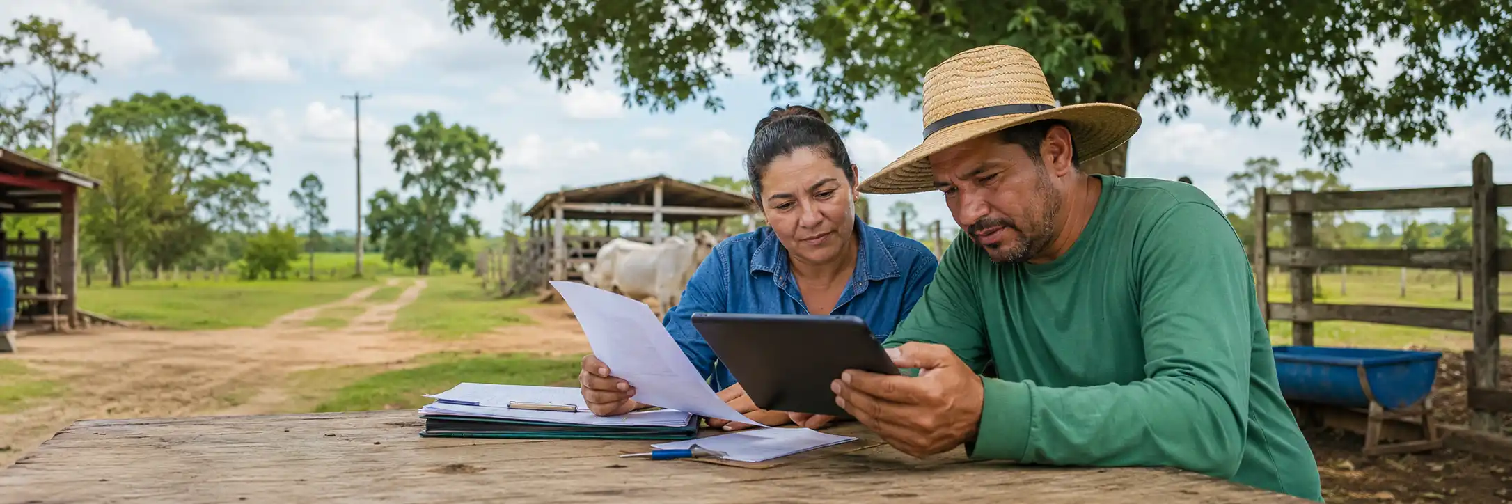 Produtores rurais consultam documentos e dispositivo digital para realizar cadastro municipal em Porto Velho.