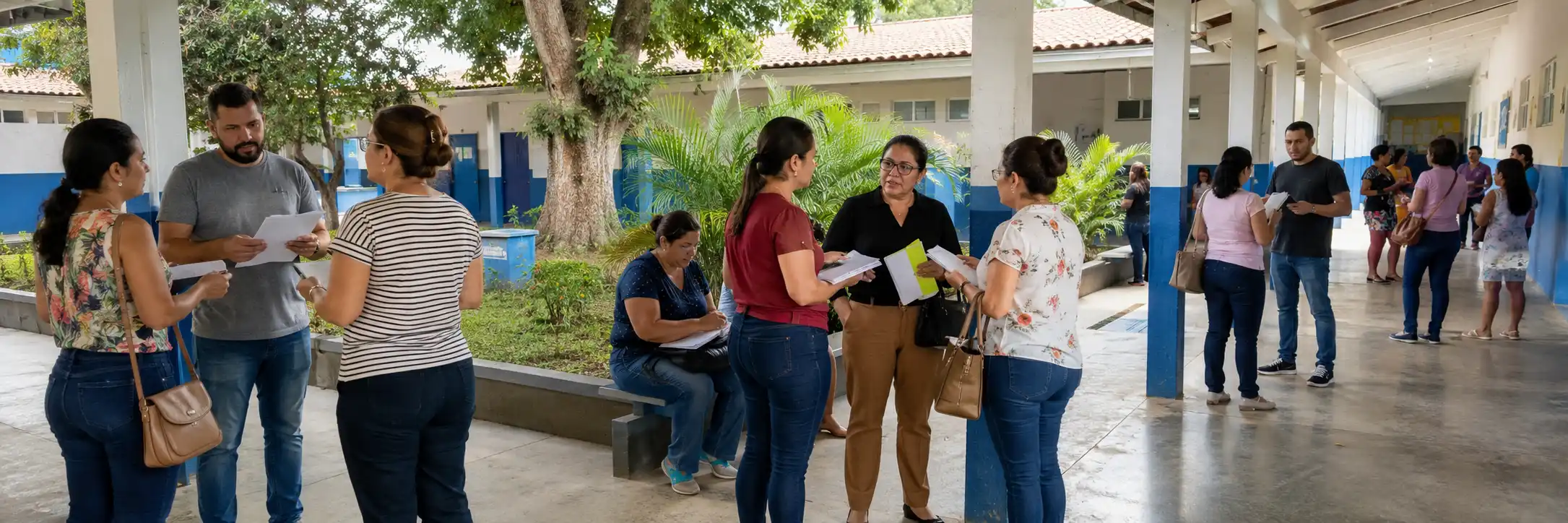 Profissionais da educação municipal conversam em ambiente escolar de Porto Velho antes da paralisação prevista.