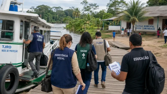 Equipe de proteção à infância desembarca em comunidade ribeirinha do Baixo Madeira para realizar ações de orientação.