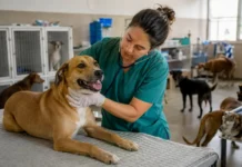Vilhena soma 400 resgates e 1,3 mil atendimentos veterinários em 2026 Proteção animal em Vilhena durante atendimento veterinário a cão em abrigo municipal