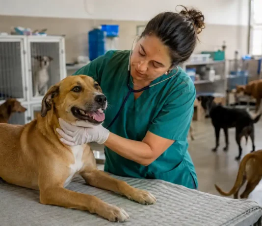 Vilhena soma 400 resgates e 1,3 mil atendimentos veterinários em 2026 Proteção animal em Vilhena durante atendimento veterinário a cão em abrigo municipal