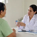 SUS adota teste de fezes para rastrear câncer de intestino Profissional de saúde orienta paciente sobre exame de fezes usado no rastreamento de câncer de intestino pelo SUS