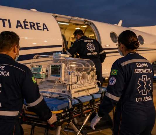 TJRO mantém condenação de plano por negar UTI aérea a bebê Equipe aeromédica prepara equipamentos de UTI aérea diante de uma aeronave para transporte médico.