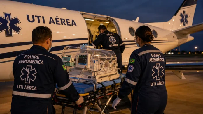 Equipe aeromédica prepara equipamentos de UTI aérea diante de uma aeronave para transporte médico.