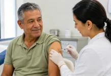 Vacinação contra herpes-zóster reforça prevenção na terceira idade Pessoa idosa recebendo vacina contra herpes-zóster em ambiente de saúde