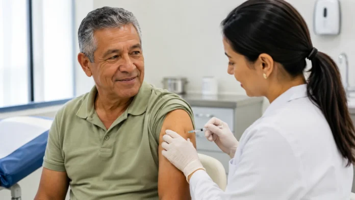 Pessoa idosa recebendo vacina contra herpes-zóster em ambiente de saúde