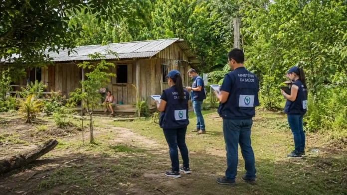 Profissionais do Ministério da Saúde realizam atividade de campo em área rural durante ação ligada às vagas do EpiSUS.