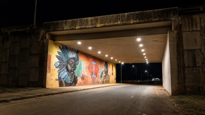 Viadutos iluminados em Porto Velho durante a noite em um dos elevados da capital.
