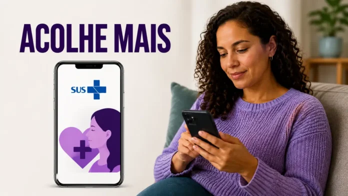 Arte editorial sobre o Acolhe Mais com mulher usando celular e referência visual ao Meu SUS Digital