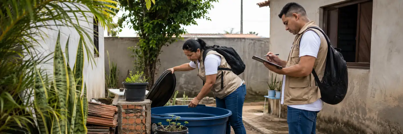 Agentes de endemias inspecionam possíveis criadouros do Aedes em residência de Rondônia