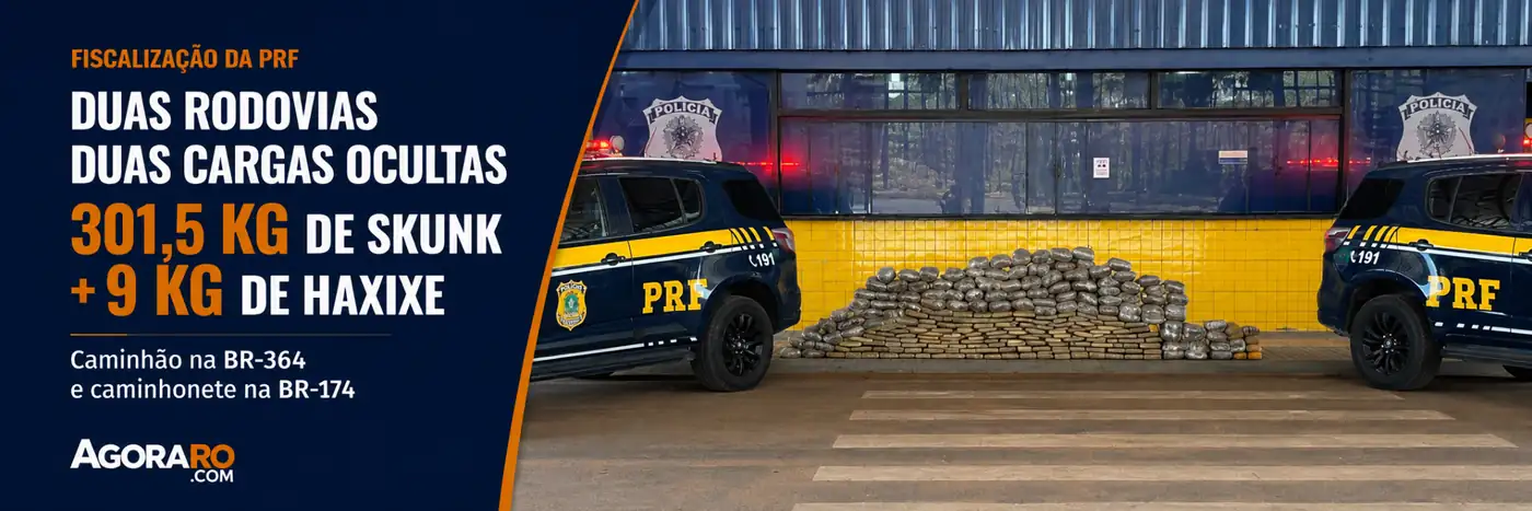 Faixa sobre apreensão de drogas em Vilhena mostra viaturas da PRF e carga apreendida