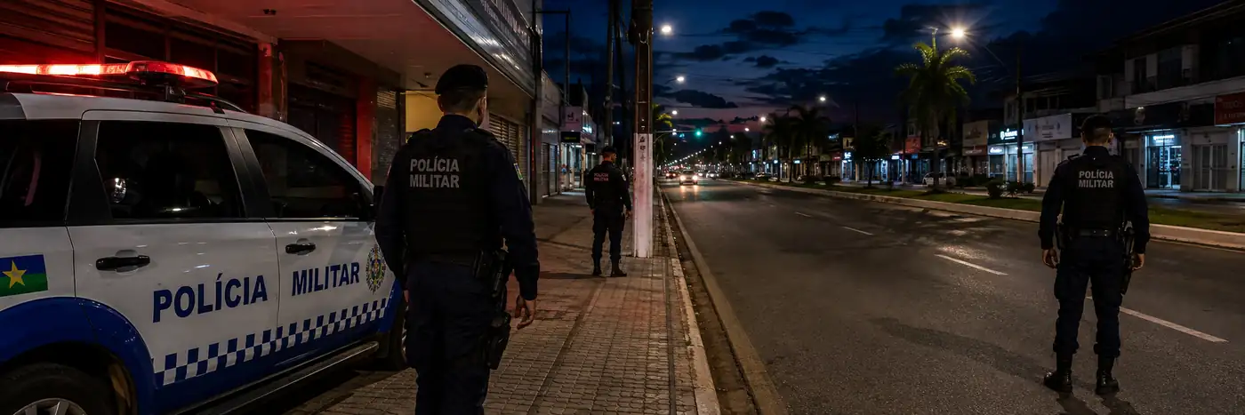 Policiais militares em patrulhamento noturno em área comercial de Porto Velho