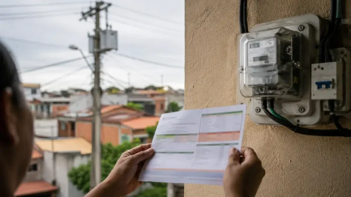 Conta de luz ao lado de medidor residencial ilustra a bandeira amarela em Rondônia