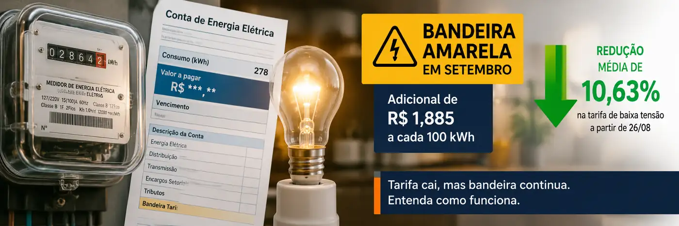 Faixa interna sobre bandeira amarela em Rondônia com conta de energia, medidor e explicação do adicional