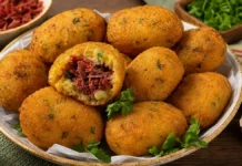 Bolinho de mandioca com carne-seca rende 50 unidades Bolinhos de mandioca dourados recheados com carne-seca, com uma unidade aberta mostrando o recheio