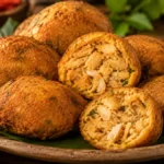 Bolinho de pirarucu seco com batata Bolinho de pirarucu seco com batata, dourado e aberto para mostrar o interior