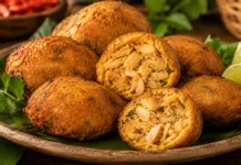 Bolinho de pirarucu seco com batata Bolinho de pirarucu seco com batata, dourado e aberto para mostrar o interior