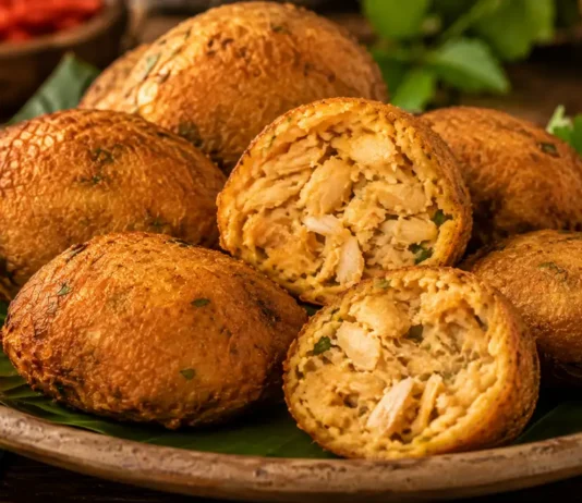 Bolinho de pirarucu seco com batata Bolinho de pirarucu seco com batata, dourado e aberto para mostrar o interior