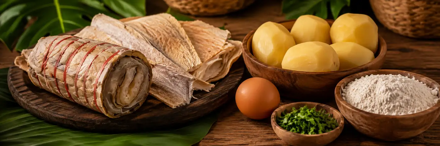 Pirarucu salgado seco, batatas, ovo, farinha de trigo e salsa para o preparo dos bolinhos