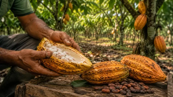 Fruto aberto e amêndoas mostram a origem e a qualidade do cacau de Rondônia