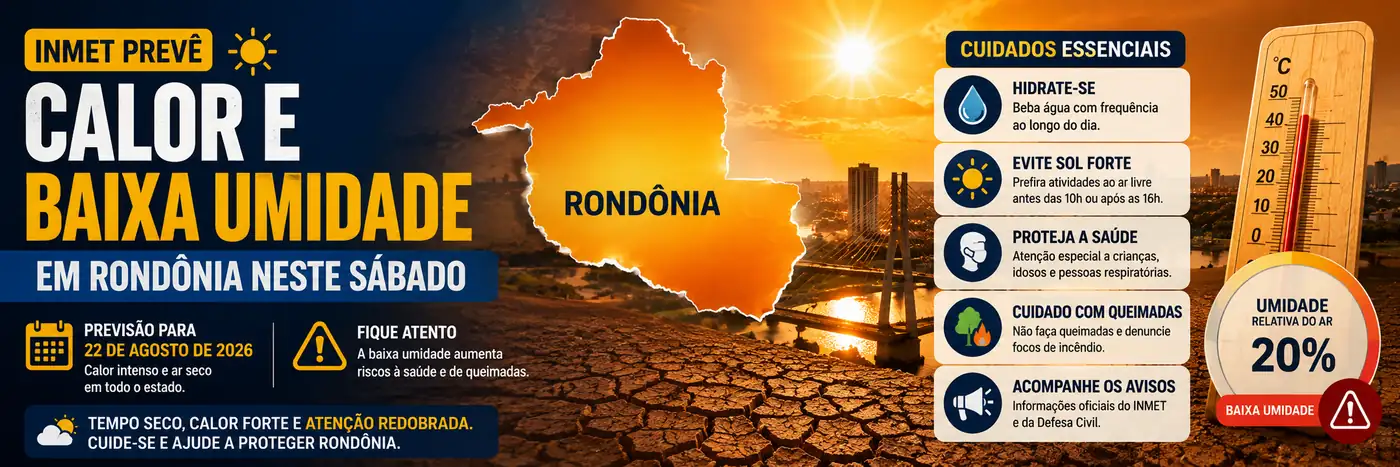 Faixa informativa sobre calor e baixa umidade em Rondônia com cuidados de hidratação, proteção ao sol e prevenção de queimadas