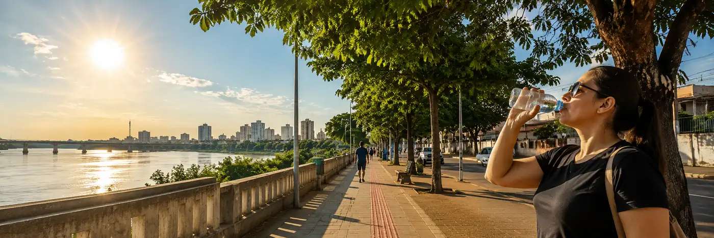 Calor e baixa umidade exigem atenção em Rondônia Calor em Porto Velho e baixa umidade em ambiente urbano amazônico, com mulher se hidratando à sombra