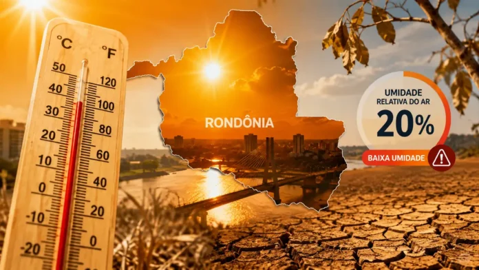 Calor e baixa umidade em Rondônia representados por sol forte, termômetro e cenário de tempo seco