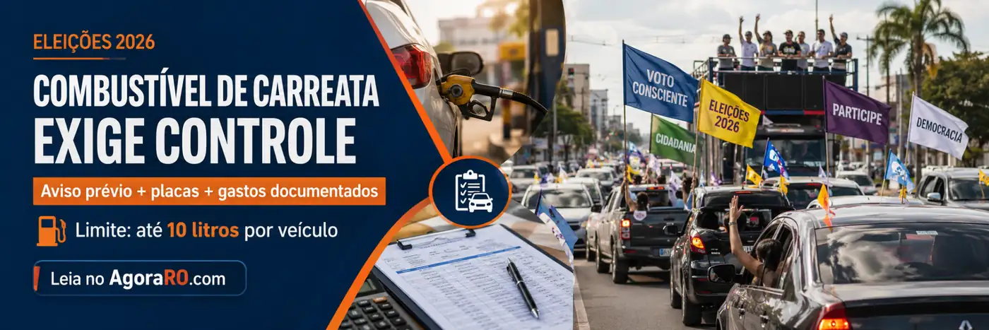 Faixa sobre carreata em Rondônia com aviso prévio, combustível, placas, gastos documentados e limite de até 10 litros por veículo