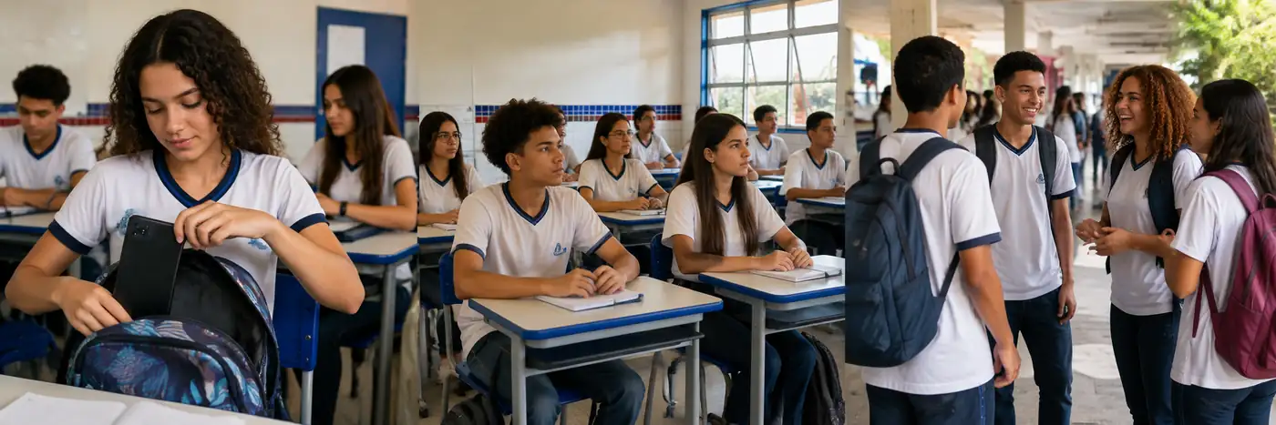 Regras para celular nas escolas de Porto Velho Estudantes em ambiente escolar ilustram regras para uso de celular na escola em Porto Velho