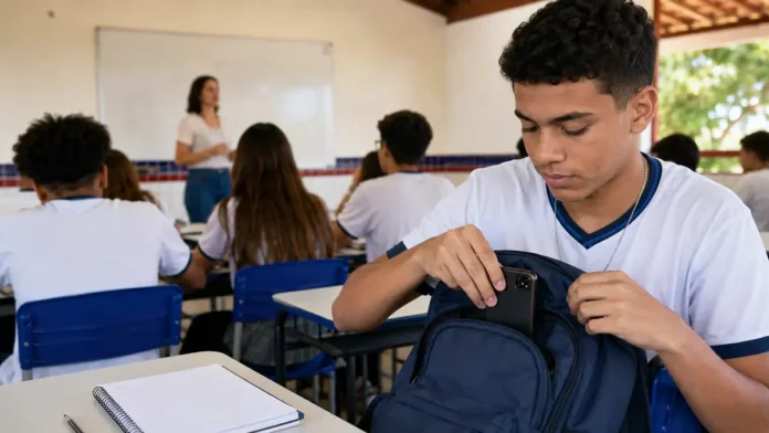 Celular na escola em Porto Velho Celular na escola em Porto Velho: estudante guarda aparelho na mochila durante aula