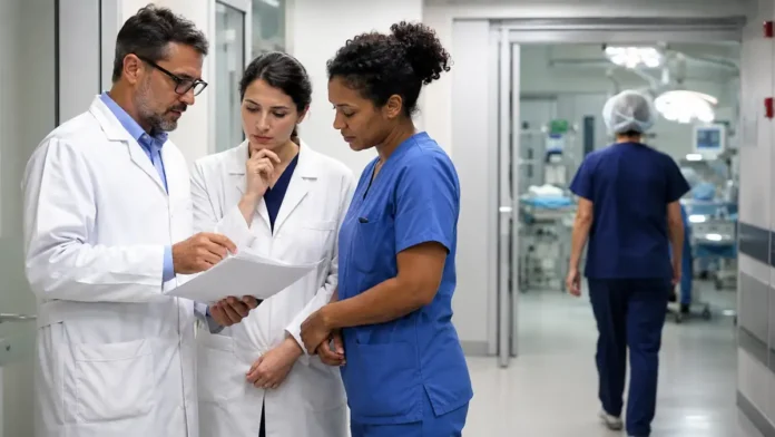 Equipe médica em ambiente hospitalar representa o avanço das cirurgias em Vilhena
