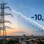 Conta de luz em Rondônia tem redução média de 10,63% a partir de hoje Torres e linhas de transmissão com gráfico em queda e indicação de redução média de 10,63% na conta de luz em Rondônia