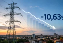 Conta de luz em Rondônia tem redução média de 10,63% a partir de hoje Torres e linhas de transmissão com gráfico em queda e indicação de redução média de 10,63% na conta de luz em Rondônia