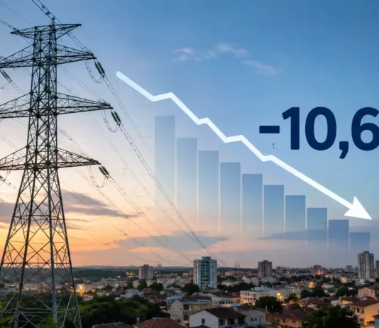 Conta de luz em Rondônia tem redução média de 10,63% a partir de hoje Torres e linhas de transmissão com gráfico em queda e indicação de redução média de 10,63% na conta de luz em Rondônia
