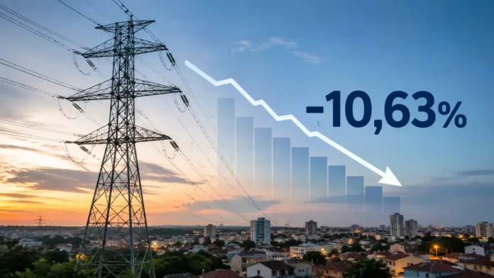 Torres e linhas de transmissão com gráfico em queda e indicação de redução média de 10,63% na conta de luz em Rondônia