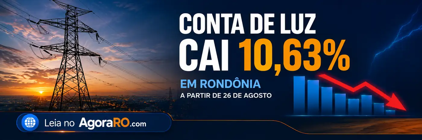 Faixa editorial com torres de energia, gráfico em queda e redução média de 10,63% na conta de luz em Rondônia