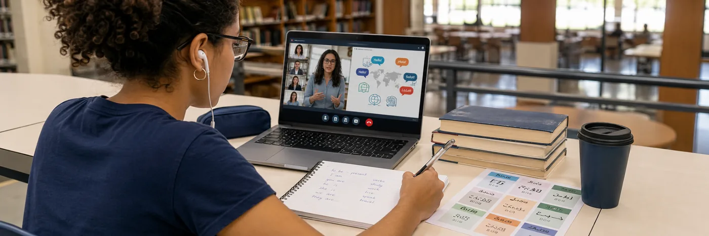 estudante participa de aula online de idiomas em ambiente universitário
