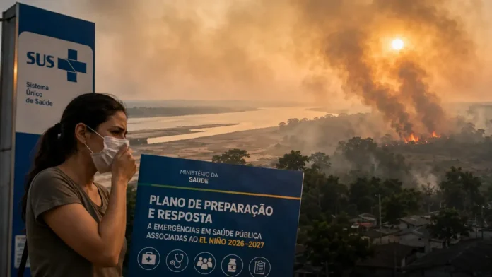 Profissional de saúde observa cenário seco e com fumaça em imagem sobre El Niño em Rondônia