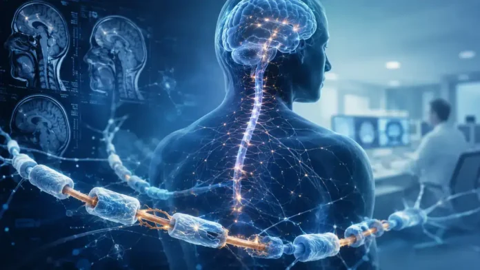 Esclerose múltipla no SUS representada por cérebro, medula espinhal, ressonância magnética e fibra nervosa com mielina