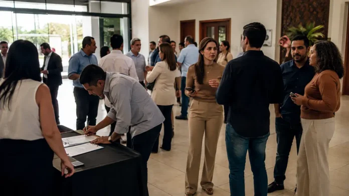 Arrecadação eleitoral em evento com adultos reunidos em salão comunitário
