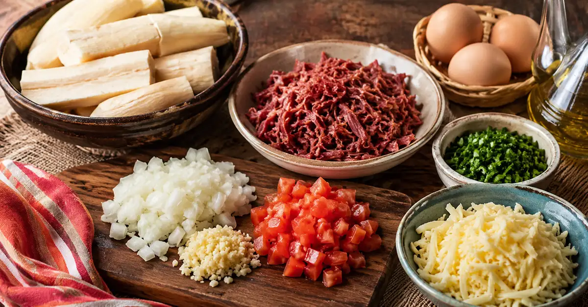 Mandioca, carne-seca desfiada, queijo meia cura, ovos, tomate, cebola, alho e cheiro-verde