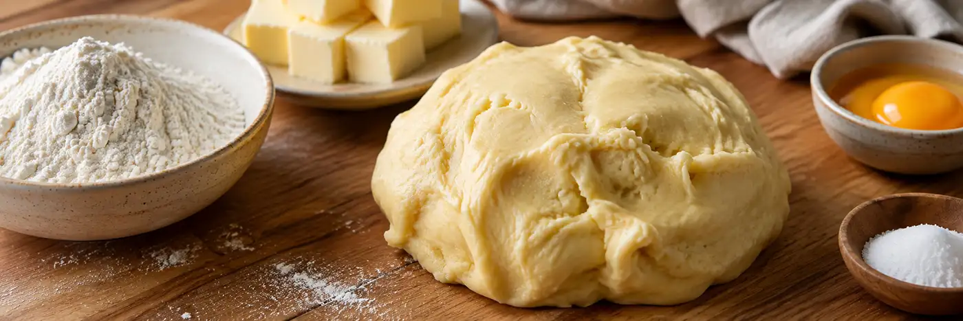 Farinha de trigo, margarina, gema, sal e massa de empadão pronta para modelar