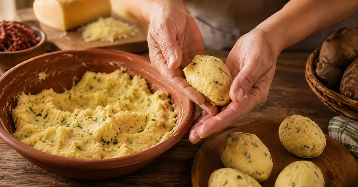 Mãos modelando a massa de mandioca preparada com queijo meia cura, ovos e cheiro-verde