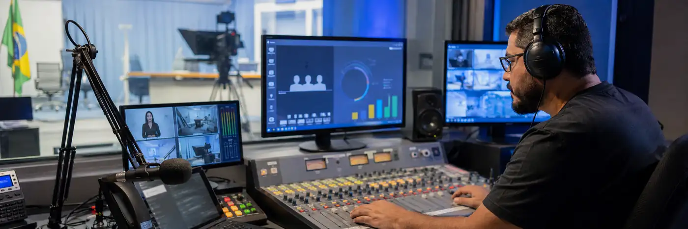 Operador em estúdio ilustra transmissão do horário eleitoral 2026 no rádio e na TV