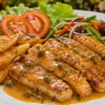 Lombo de peixe com molho de laranja e legumes crocantes Lombo de peixe com molho de laranja servido com batatas douradas e legumes salteados