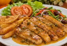 Lombo de peixe com molho de laranja e legumes crocantes Lombo de peixe com molho de laranja servido com batatas douradas e legumes salteados