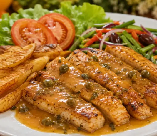 Lombo de peixe com molho de laranja e legumes crocantes Lombo de peixe com molho de laranja servido com batatas douradas e legumes salteados