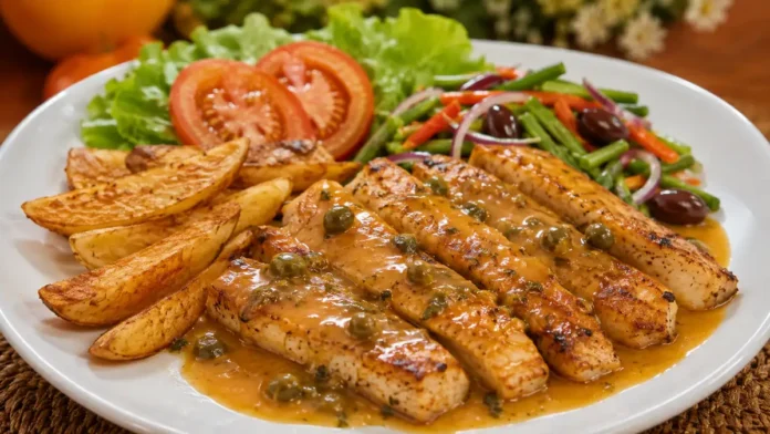 Lombo de peixe com molho de laranja servido com batatas douradas e legumes salteados