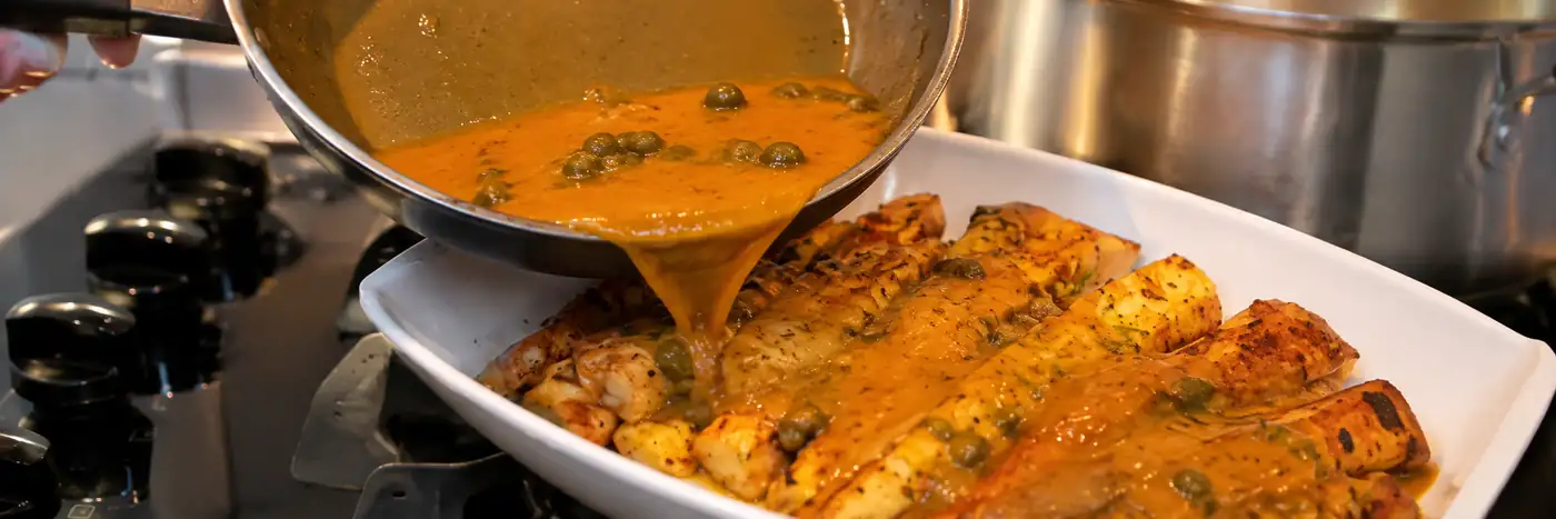 Molho de laranja com alcaparras sendo despejado sobre os lombos de peixe grelhados